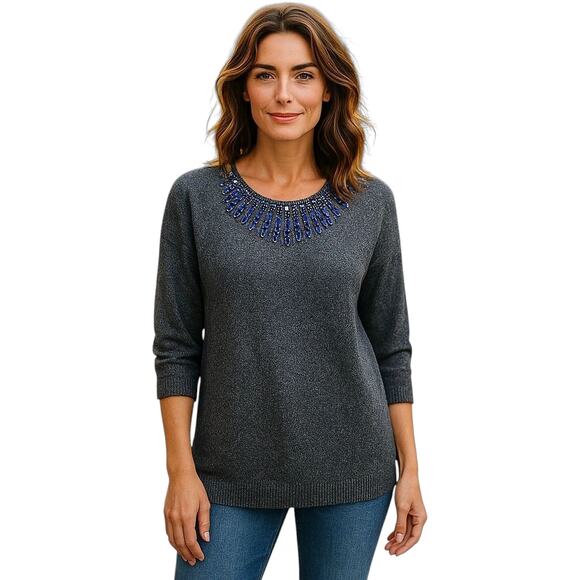 J. Crew Jeweled Starburst Wool Blend 3/4-Sleeve Sweater Back Zipper Gray Size S - Picture 1 of 9